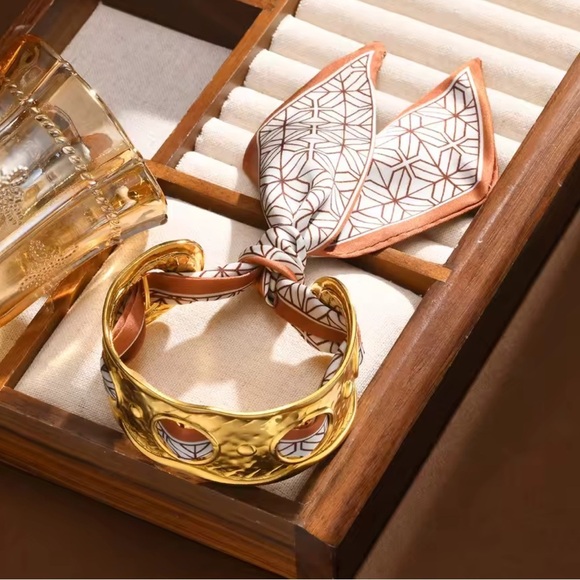 Anthropologie Jewelry - Retro Cuff 18K Gold Stainless Steel Silk Cream Scarf Bracelet